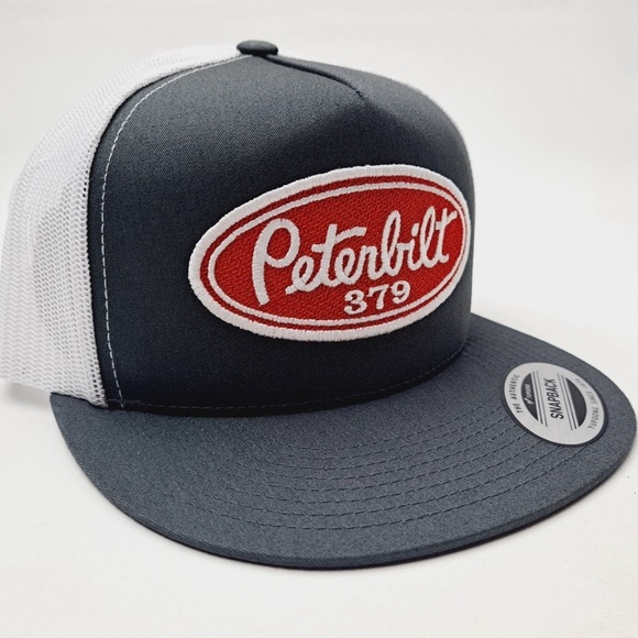 Peterbilt 379 Embroidered Patch Flat Bill Mesh Snapback Trucker Cap Hat - Picture 3 of 4